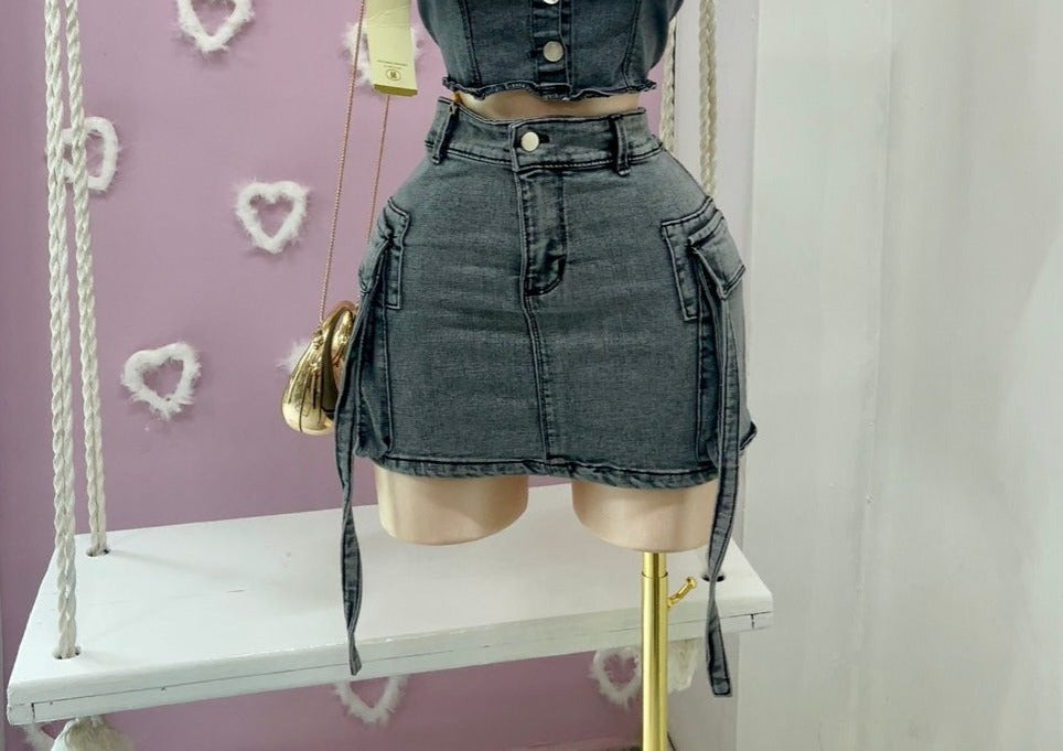 Conjunto Denim Falda Cargo + Top Botones