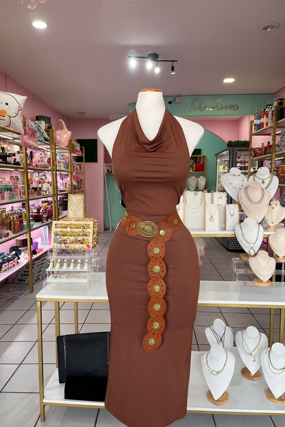 VESTIDO MIDI AJUSTADO CON ESCOTE DRAPEADO