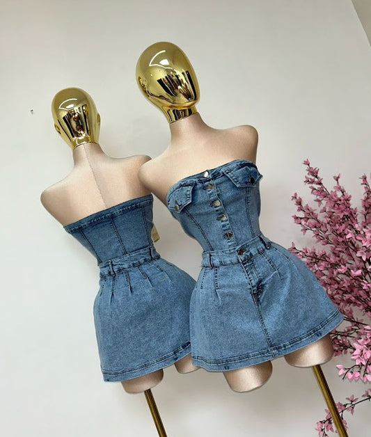 Conjunto Denim Falda Plisada + Top Botones