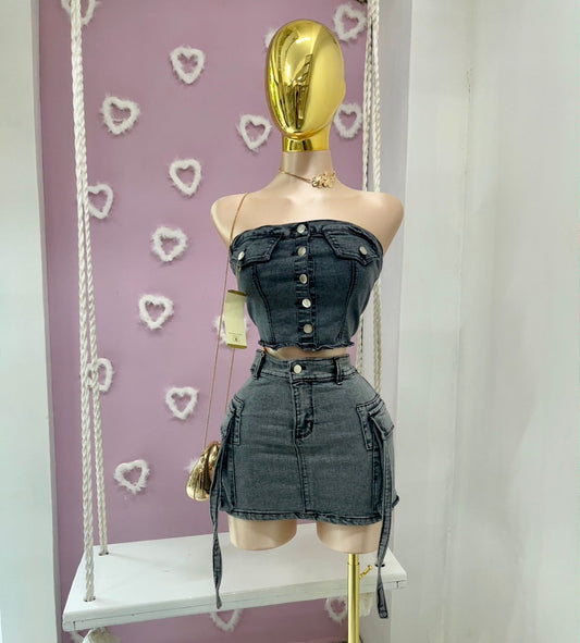 Conjunto Denim Falda Cargo + Top Botones